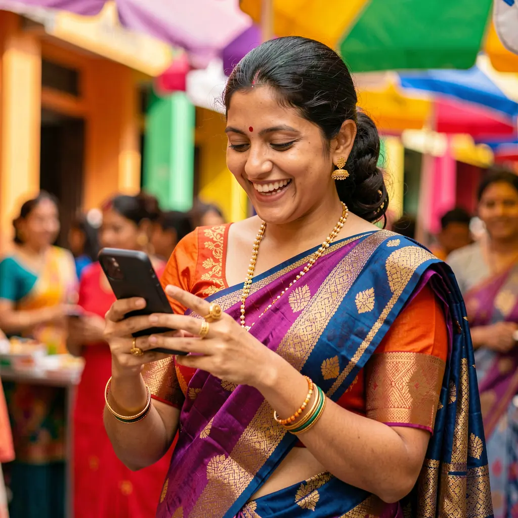 Smiling Bangladeshi woman enjoying mobile entertainment while using the 988BD casino app with colorful lights in the background