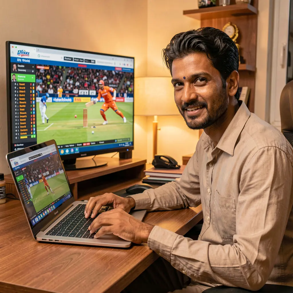 Focused Bangladeshi player analyzing live cricket odds on the 988BD betting platform while following a match on television in a cozy home setting