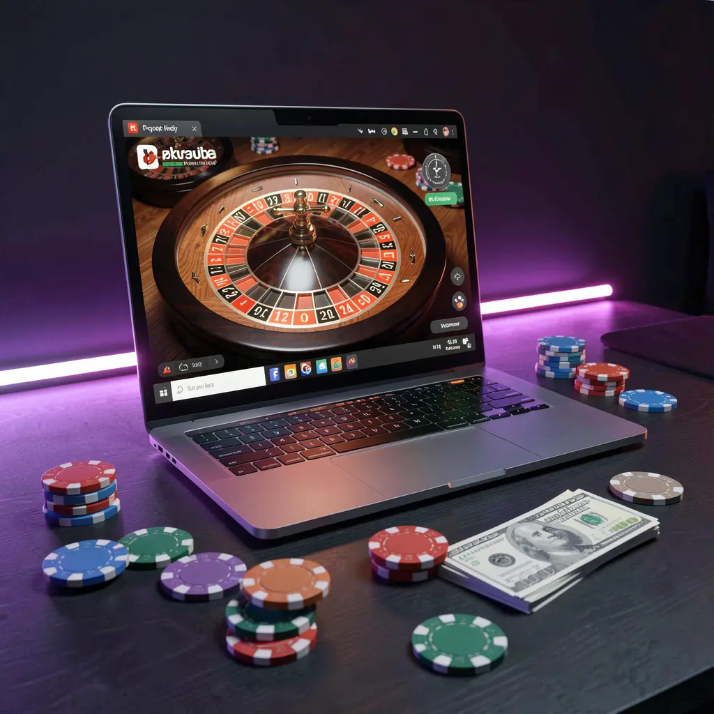 A high definition 3D render of an online roulette table on a laptop surrounded by casino chips and cash highlights the immersive gaming experience at 988BD