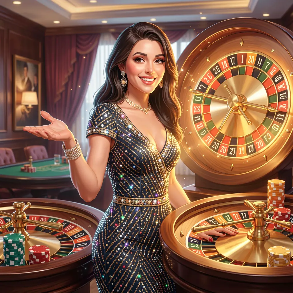 Confident Bangladeshi casino hostess in a sparkling dress welcoming players to log in with a glowing roulette wheel behind her at 988BD